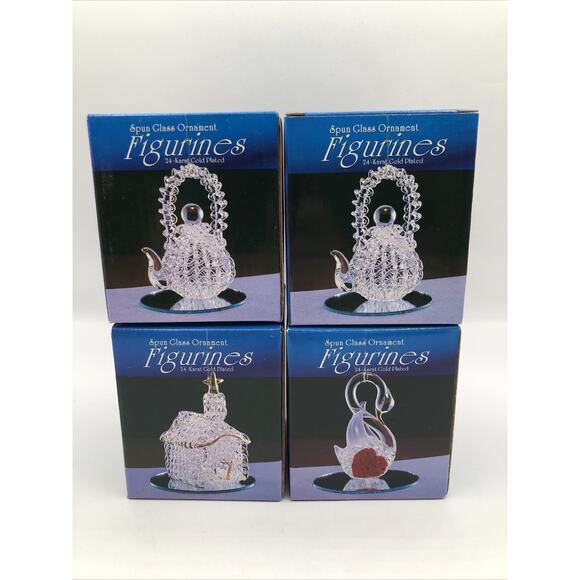 NEW Spun Art Glass Ornament Figurines On Mirror 24 Karat Gold Plated - Set of 4 - Picture 1 of 11